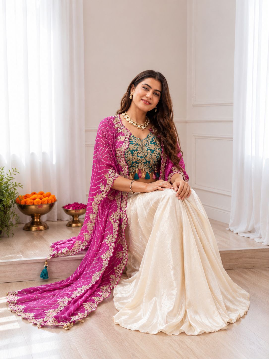 Style BB-48: Three-Piece Silk Dhoti Set with Digital Print Shrug