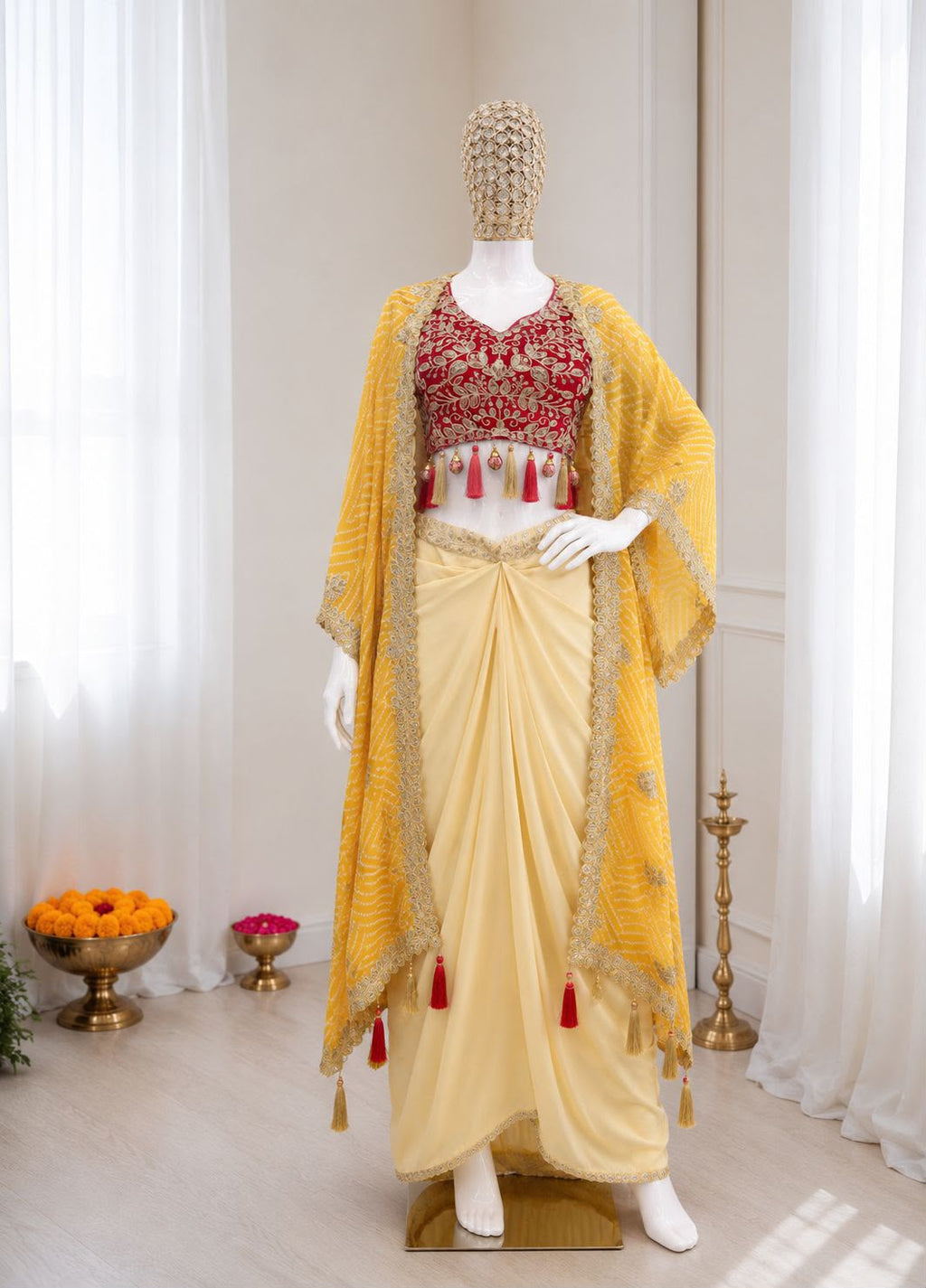 Style BB-48: Three-Piece Silk Dhoti Set with Digital Print Shrug
