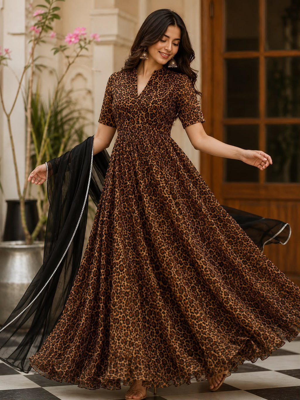 Premium Digital Print Organza Anarkali Gown Set with Designer Lace Dupatta