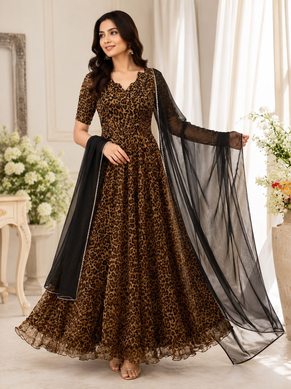 Premium Digital Print Organza Anarkali Gown Set with Designer Lace Dupatta