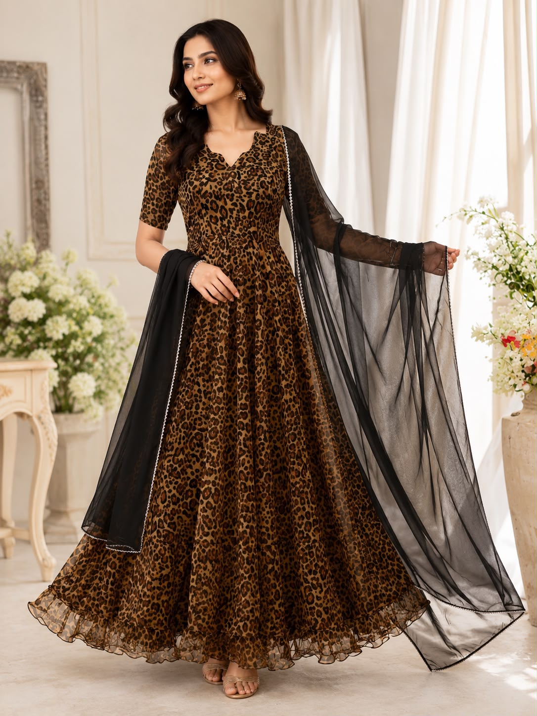 Premium Digital Print Organza Anarkali Gown Set with Designer Lace Dupatta