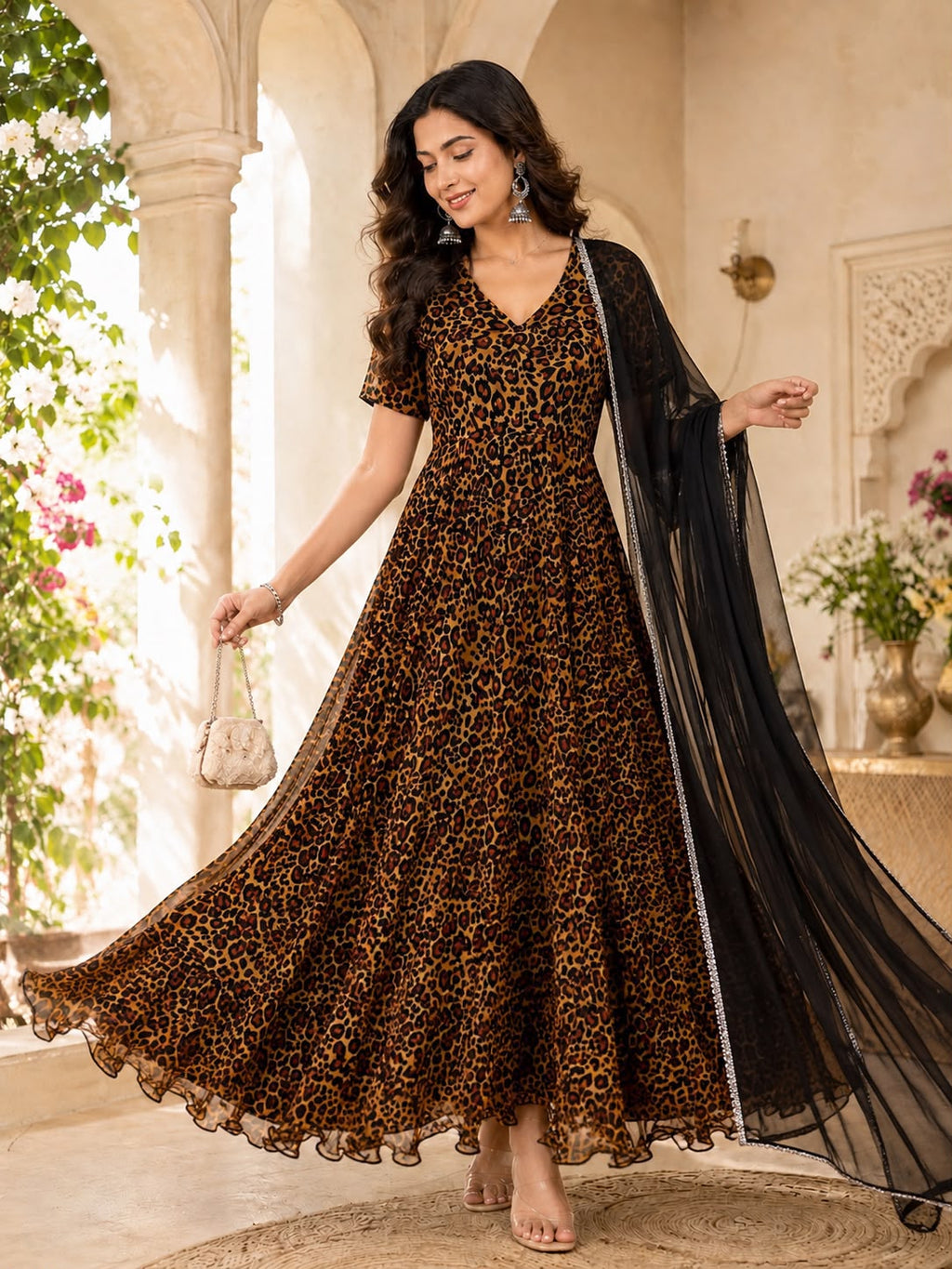 Premium Digital Print Organza Anarkali Gown Set with Designer Lace Dupatta