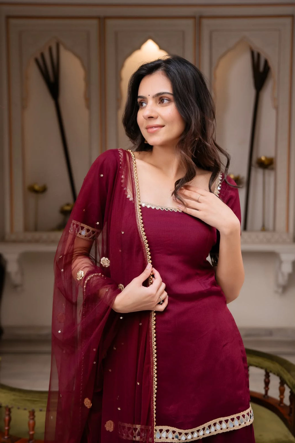 Premium Faux Georgette Embroidered Kurti & Plazzo Set with Real Mirror Work