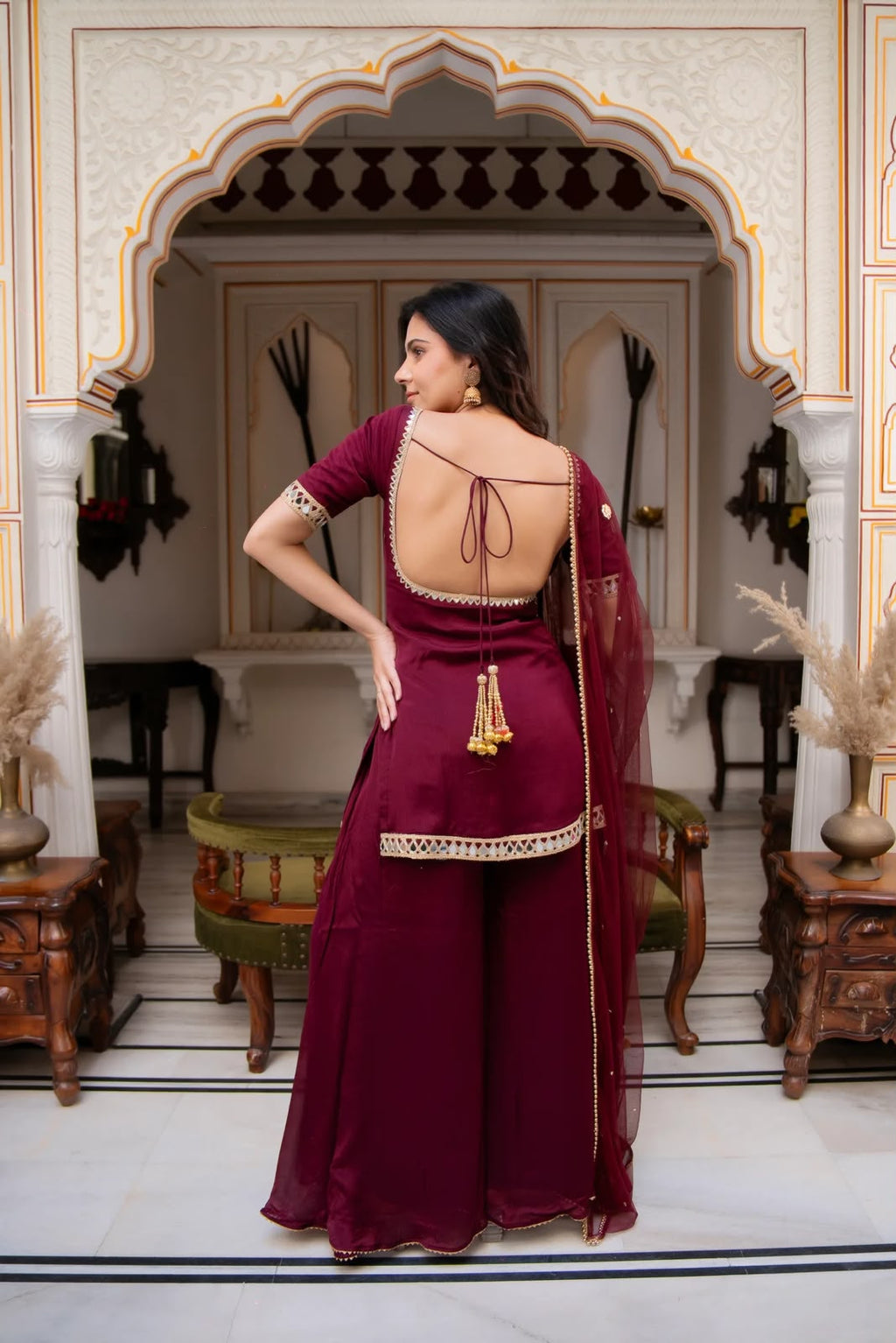 Premium Faux Georgette Embroidered Kurti & Plazzo Set with Real Mirror Work