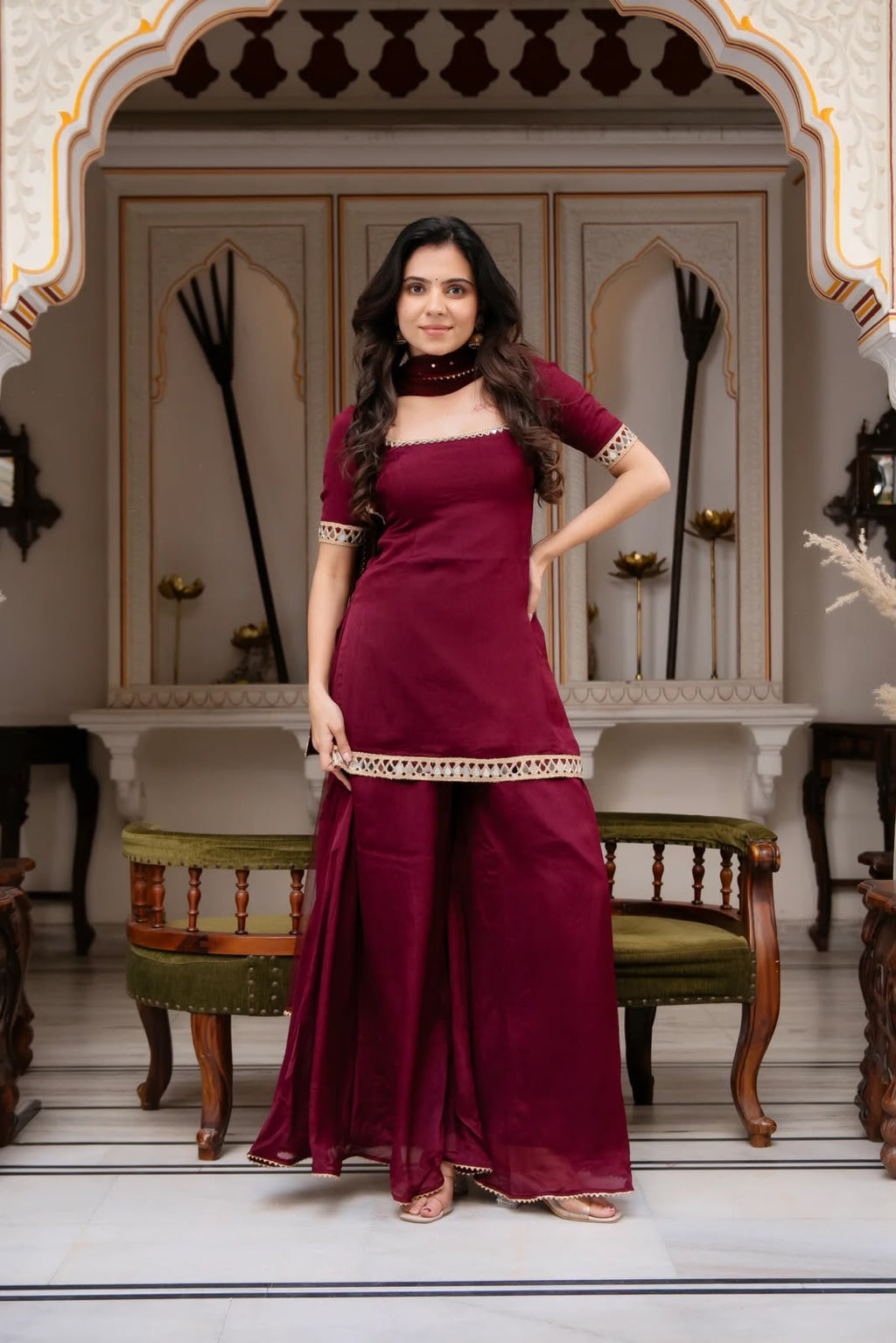 Premium Faux Georgette Embroidered Kurti & Plazzo Set with Real Mirror Work