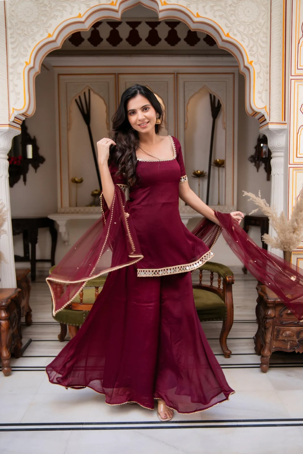Premium Faux Georgette Embroidered Kurti & Plazzo Set with Real Mirror Work