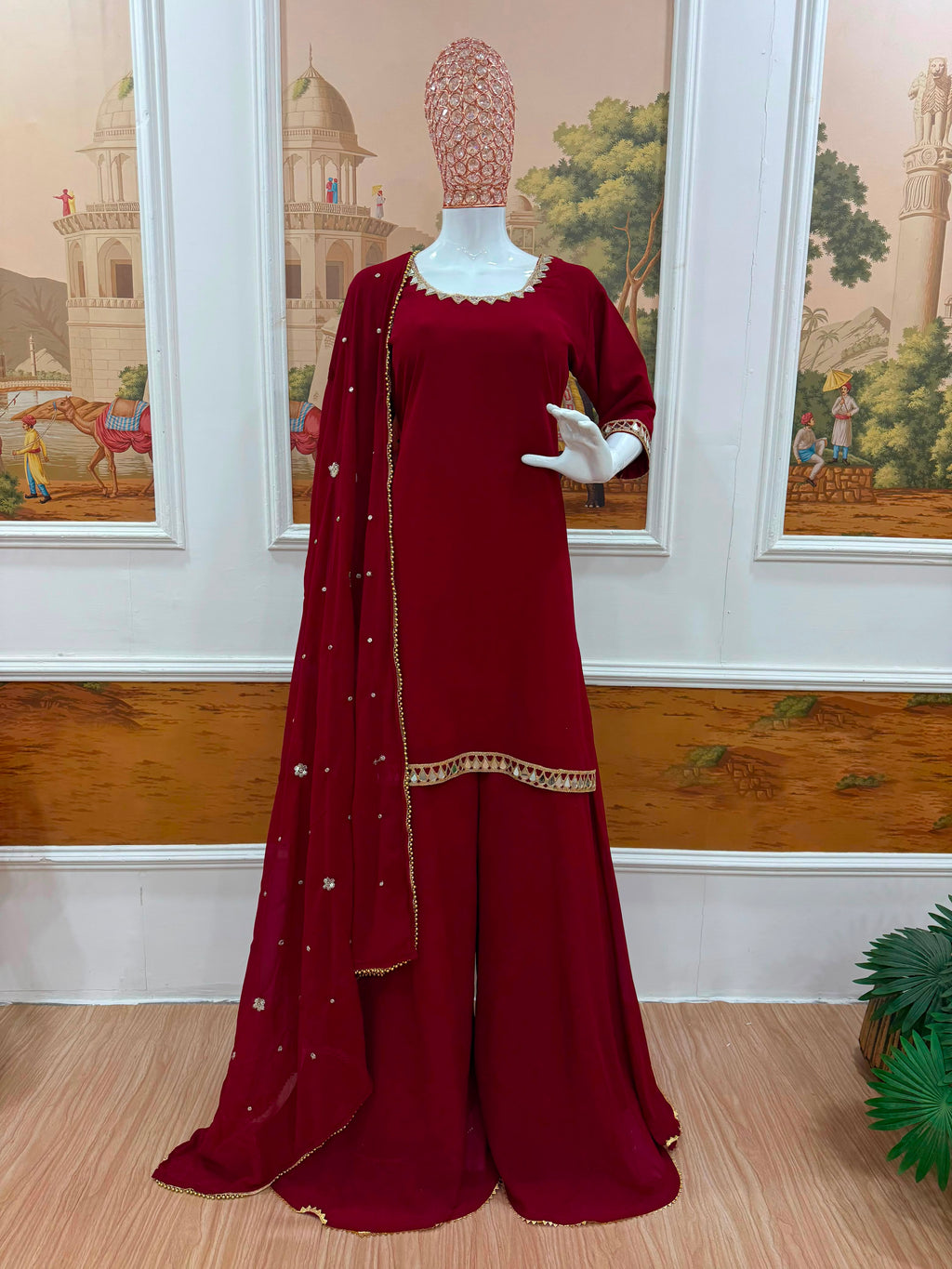 Premium Faux Georgette Embroidered Kurti & Plazzo Set with Real Mirror Work