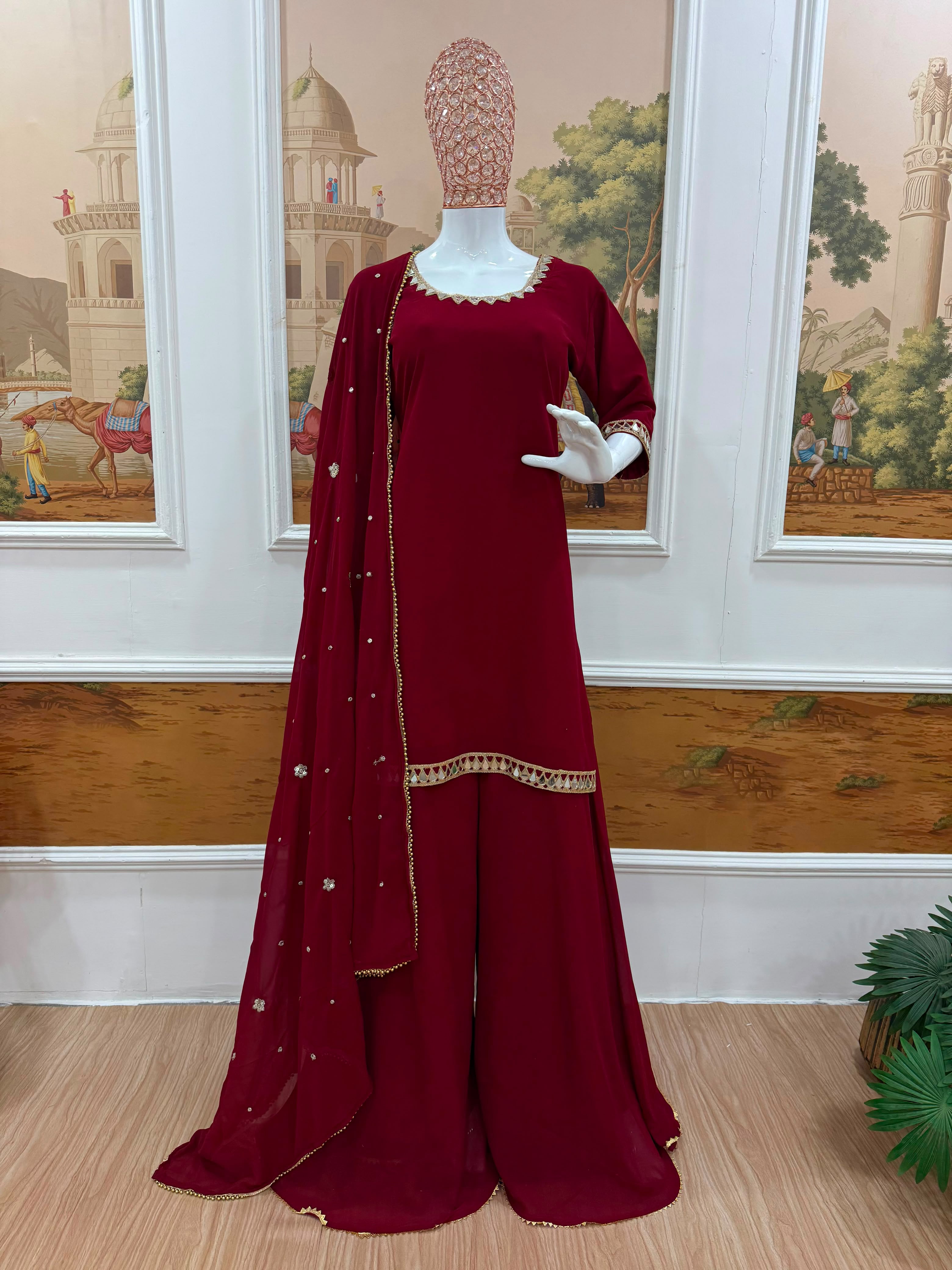 Premium Faux Georgette Embroidered Kurti & Plazzo Set with Real Mirror Work
