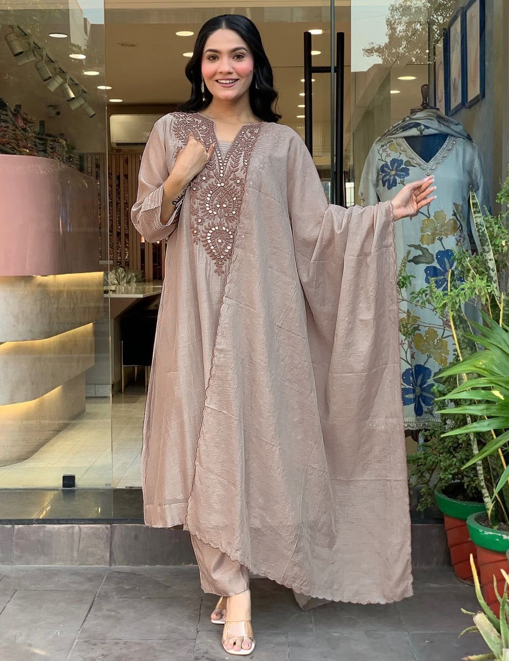 Designer Roman Silk Kurti Set with Embroidery & Chanderi Silk Dupatta