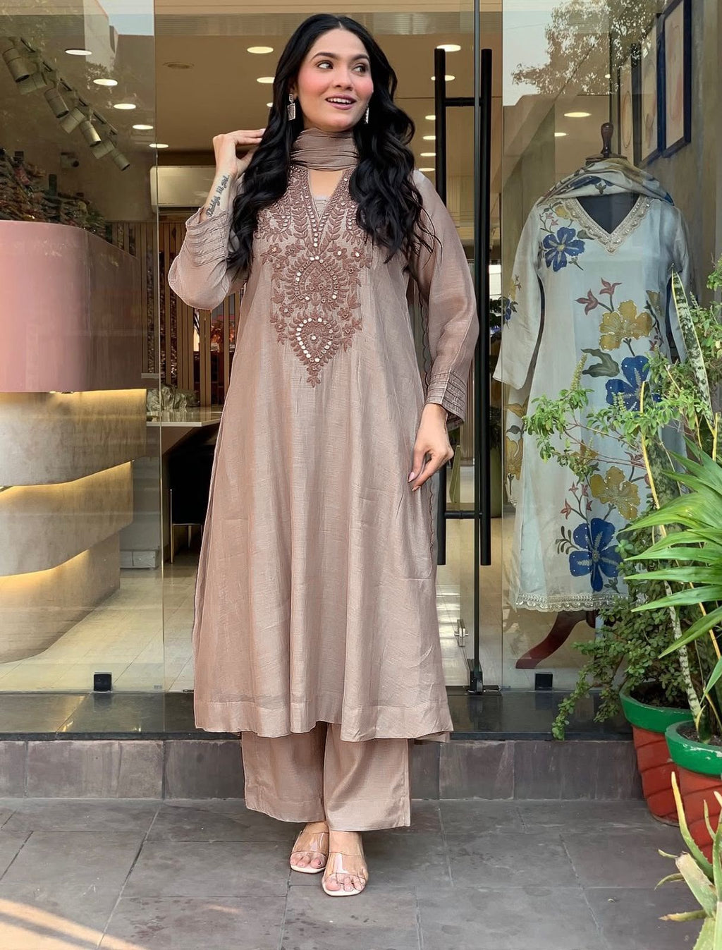 Designer Roman Silk Kurti Set with Embroidery & Chanderi Silk Dupatta