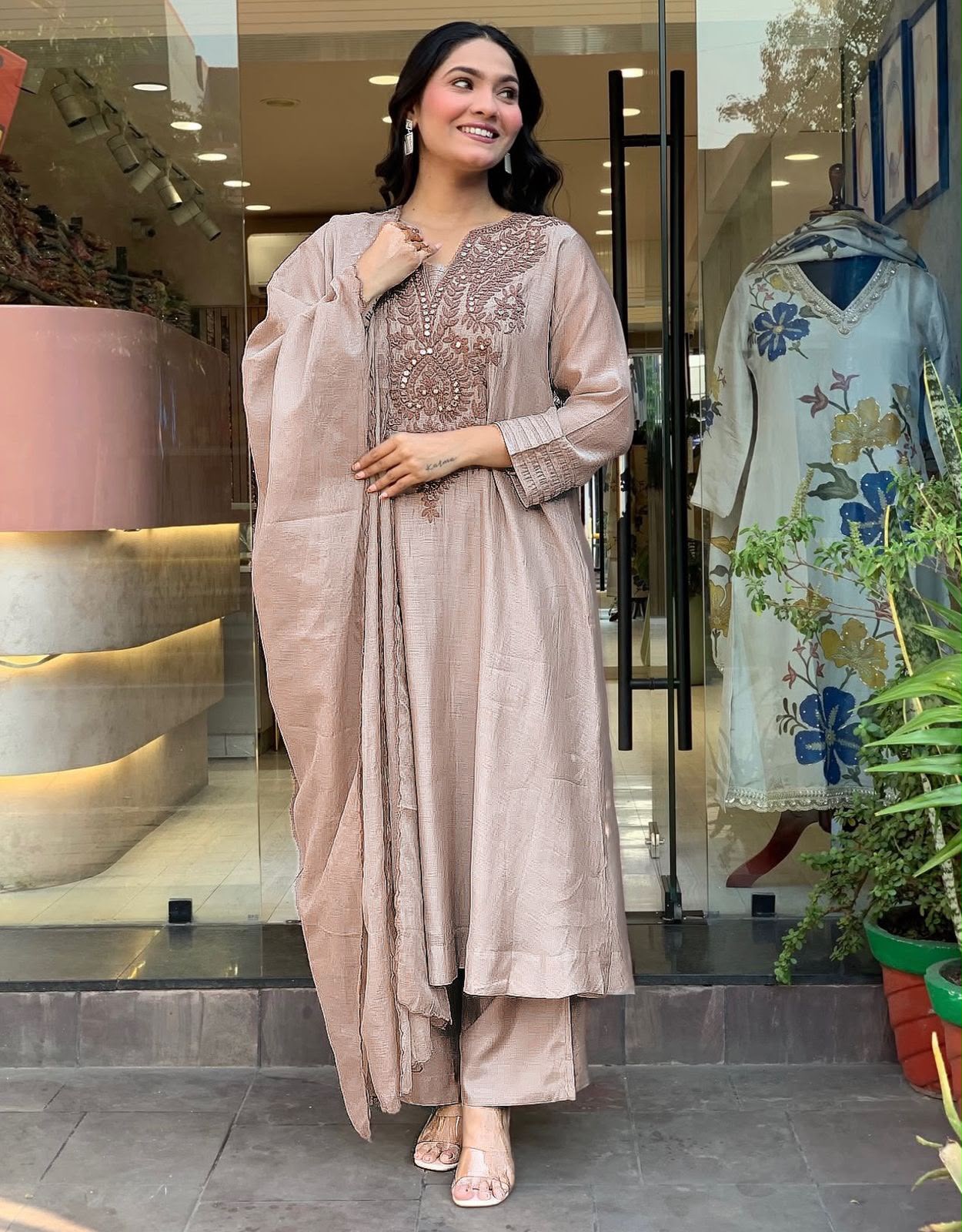 Designer Roman Silk Kurti Set with Embroidery & Chanderi Silk Dupatta