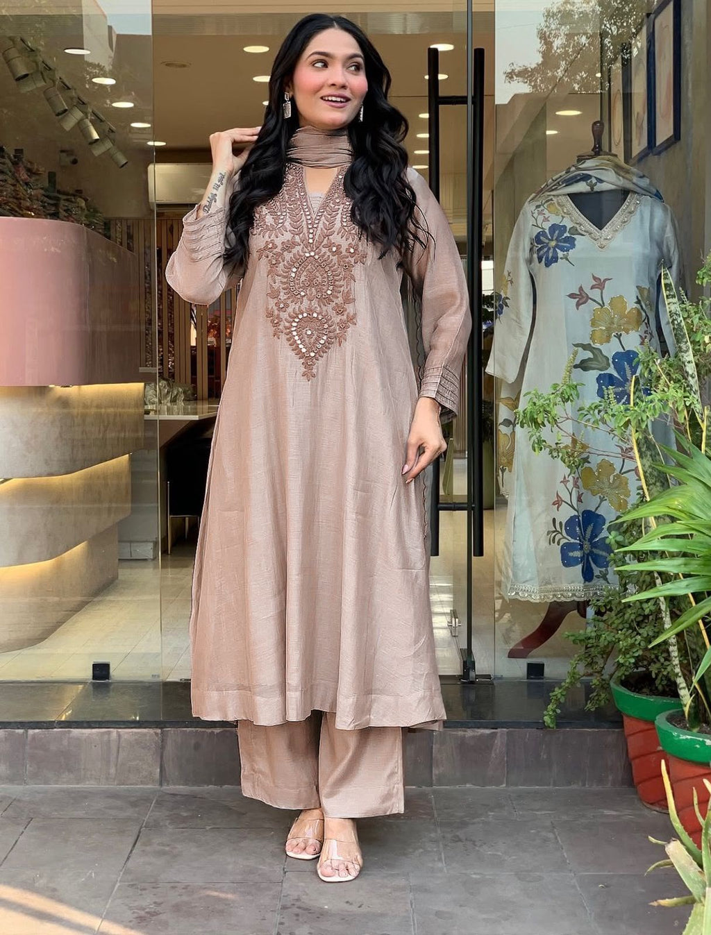 Designer Roman Silk Kurti Set with Embroidery & Chanderi Silk Dupatta