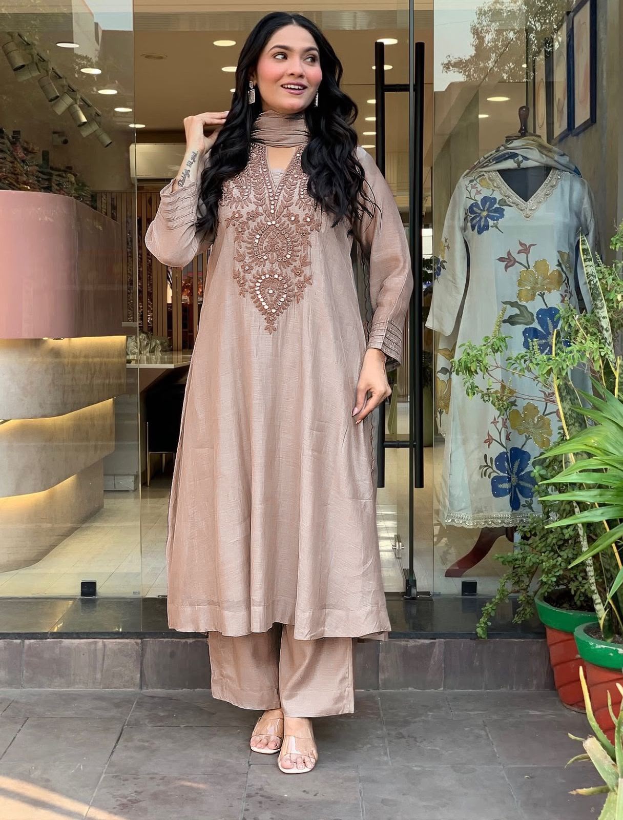 Designer Roman Silk Kurti Set with Embroidery & Chanderi Silk Dupatta