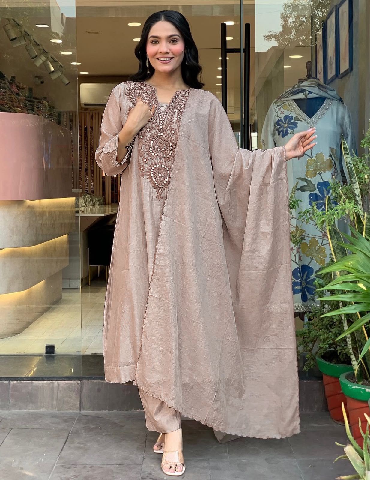 Designer Roman Silk Kurti Set with Embroidery & Chanderi Silk Dupatta