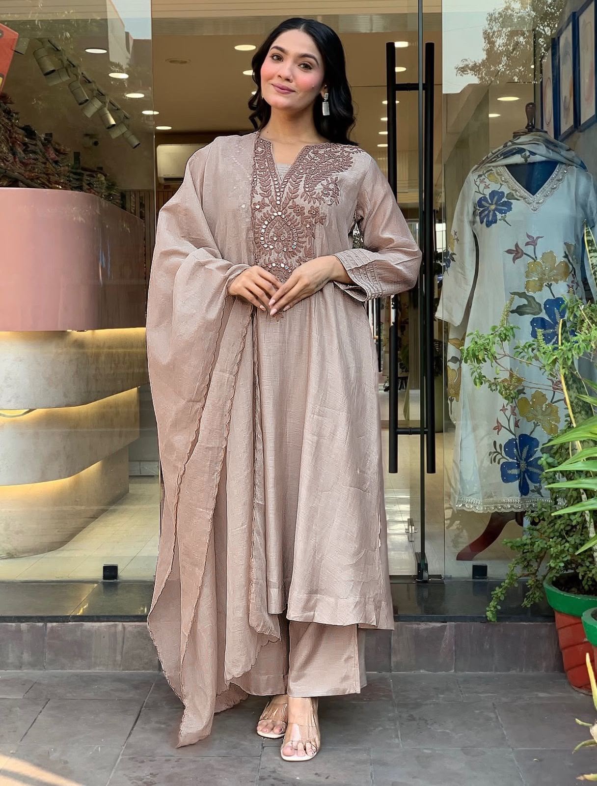 Designer Roman Silk Kurti Set with Embroidery & Chanderi Silk Dupatta