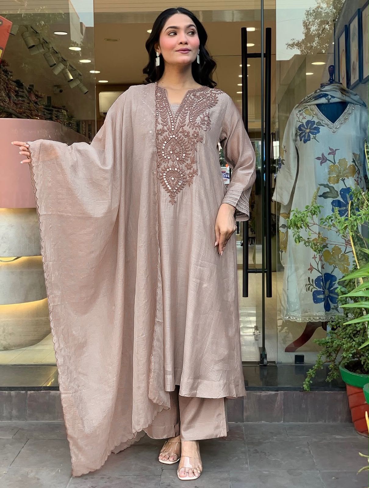 Designer Roman Silk Kurti Set with Embroidery & Chanderi Silk Dupatta