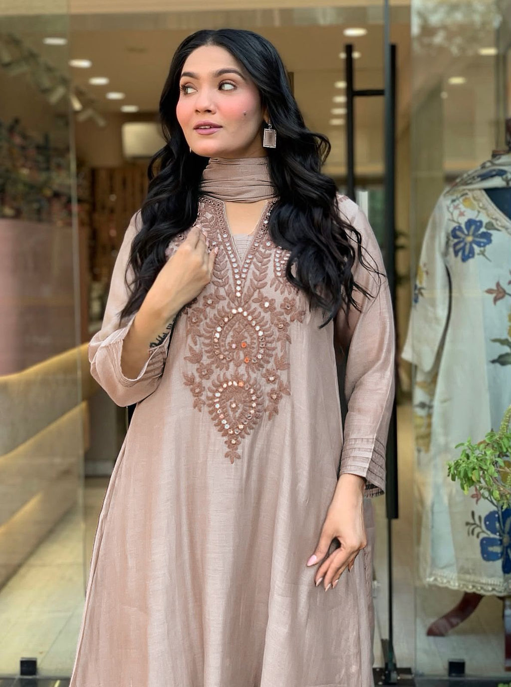 Designer Roman Silk Kurti Set with Embroidery & Chanderi Silk Dupatta