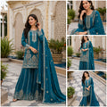 Designer Pure Chinon Silk Embroidered Kurti, Palazzo & Dupatta Suit Set
