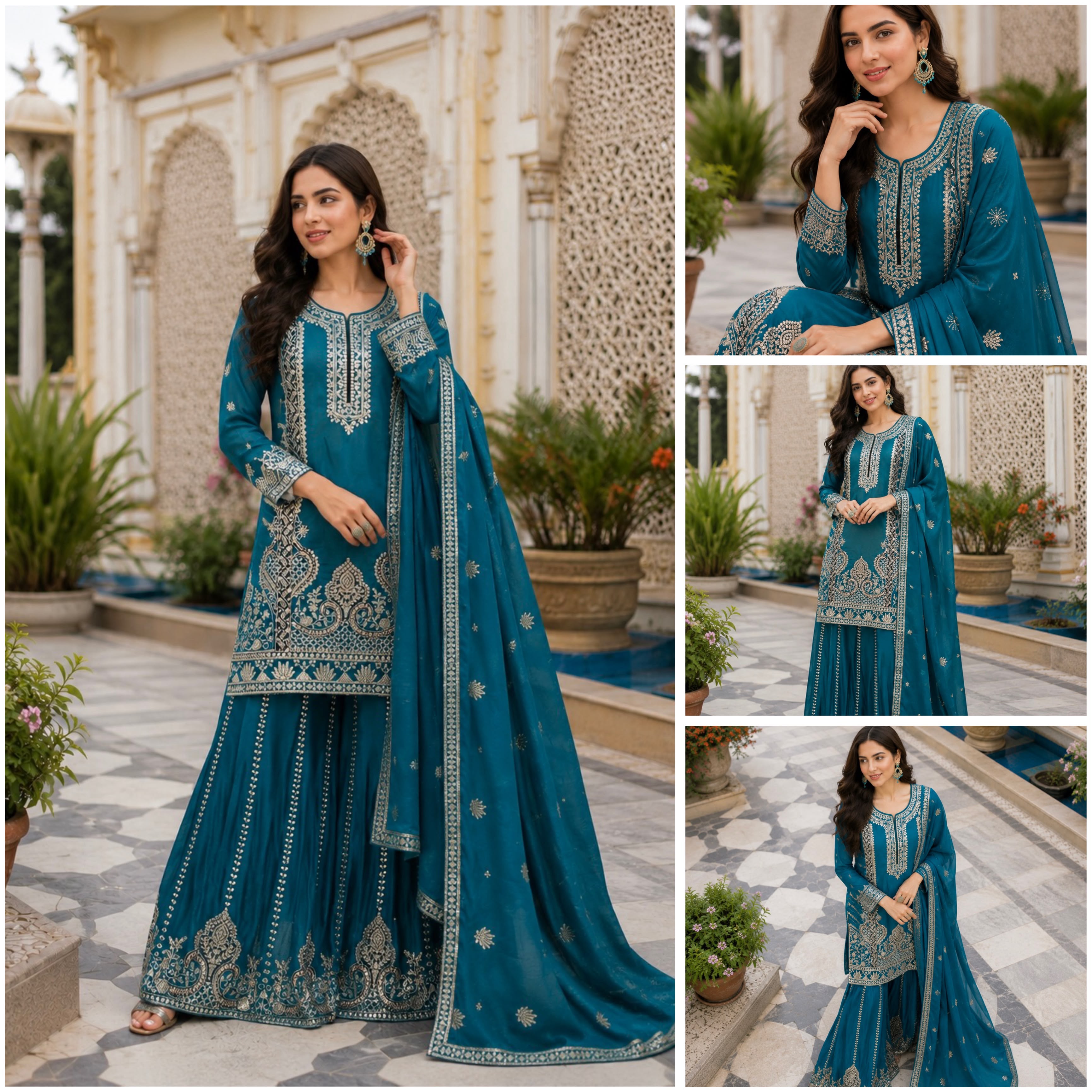 Designer Pure Chinon Silk Embroidered Kurti, Palazzo & Dupatta Suit Set