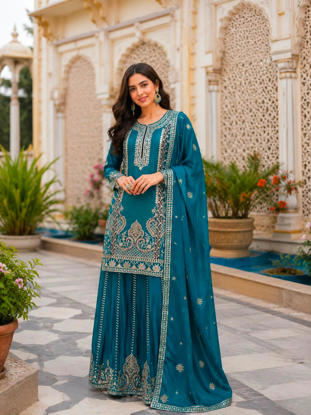 Designer Pure Chinon Silk Embroidered Kurti, Palazzo & Dupatta Suit Set