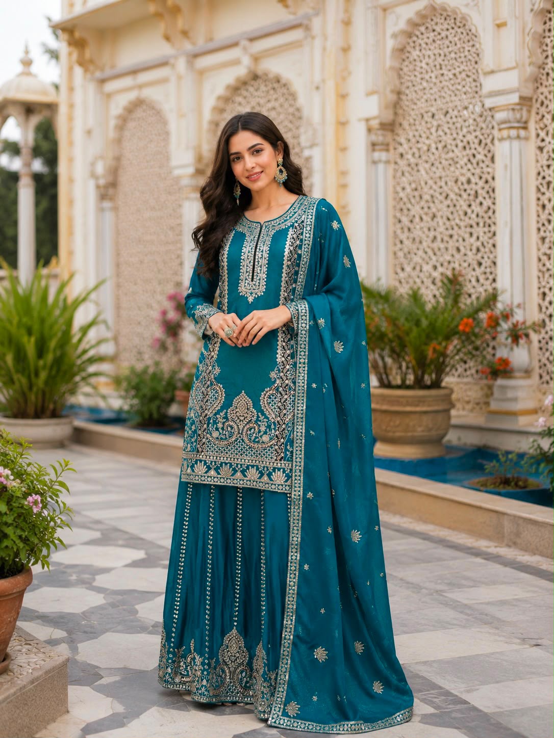 Designer Pure Chinon Silk Embroidered Kurti, Palazzo & Dupatta Suit Set