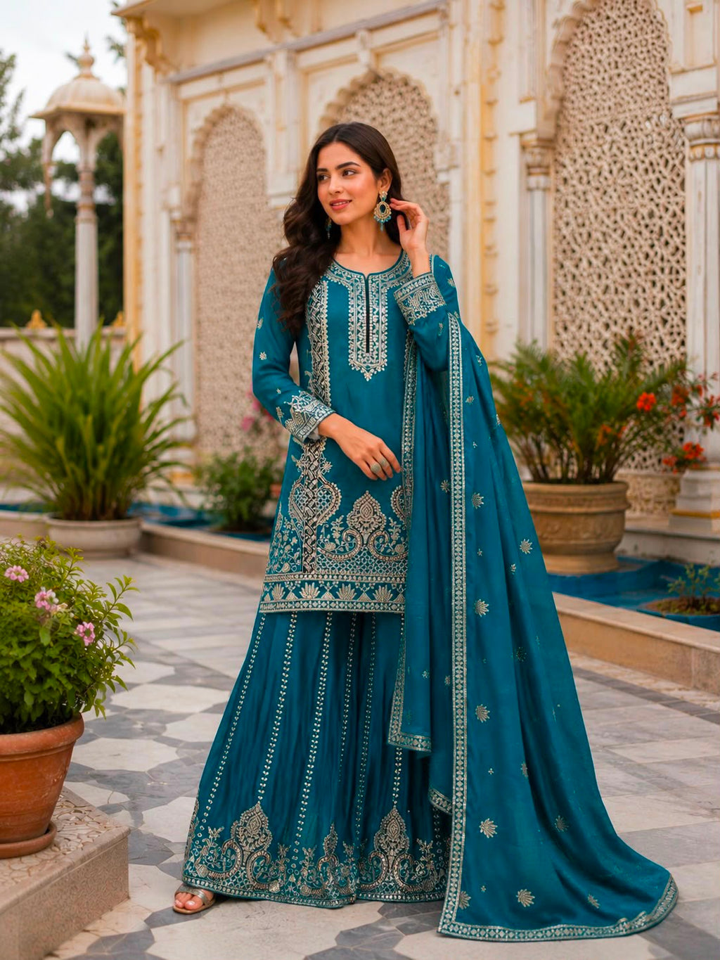 Designer Pure Chinon Silk Embroidered Kurti, Palazzo & Dupatta Suit Set