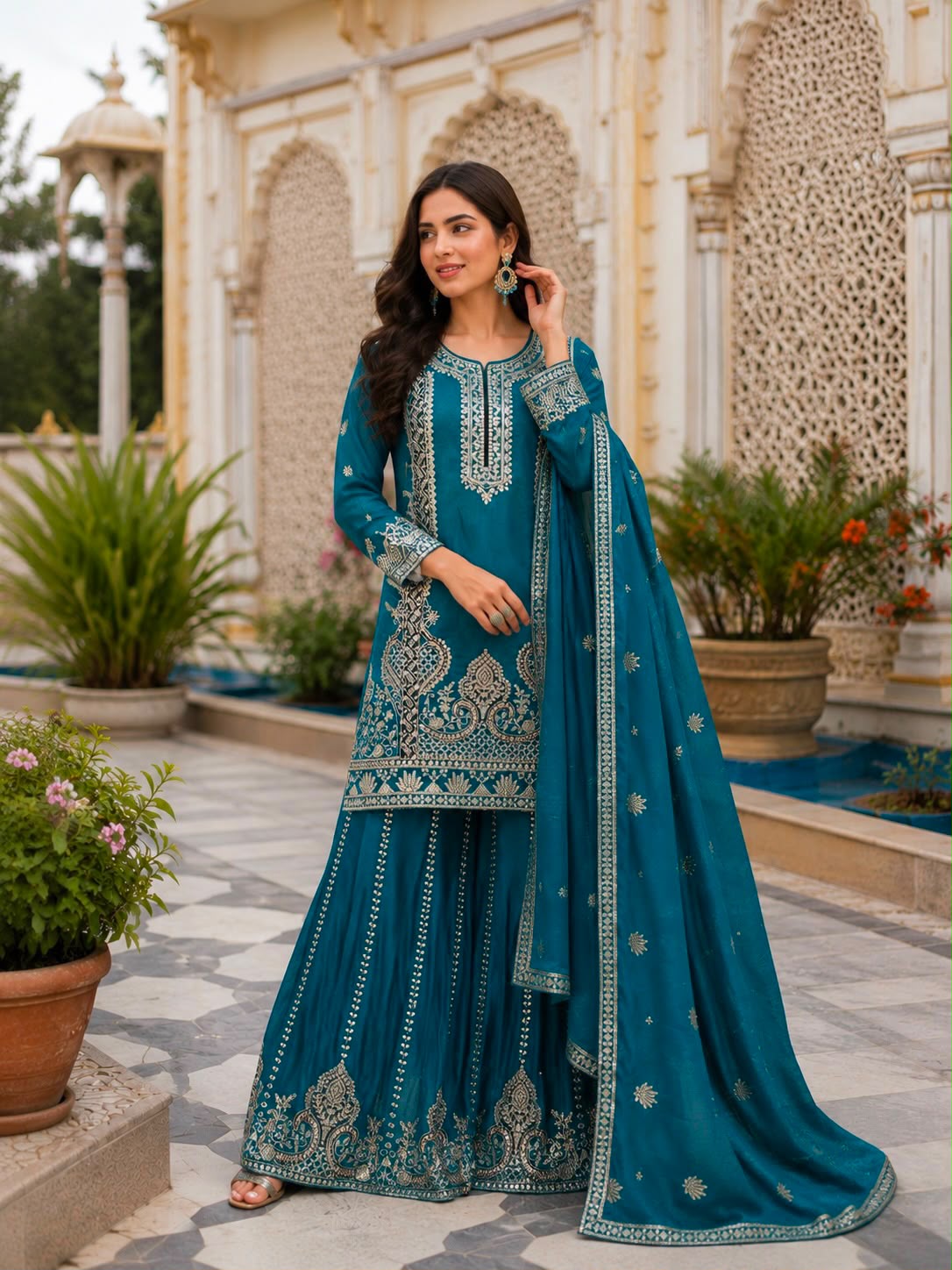 Designer Pure Chinon Silk Embroidered Kurti, Palazzo & Dupatta Suit Set