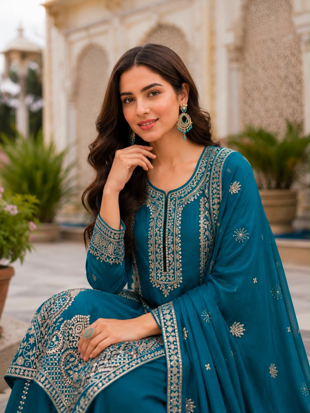 Designer Pure Chinon Silk Embroidered Kurti, Palazzo & Dupatta Suit Set