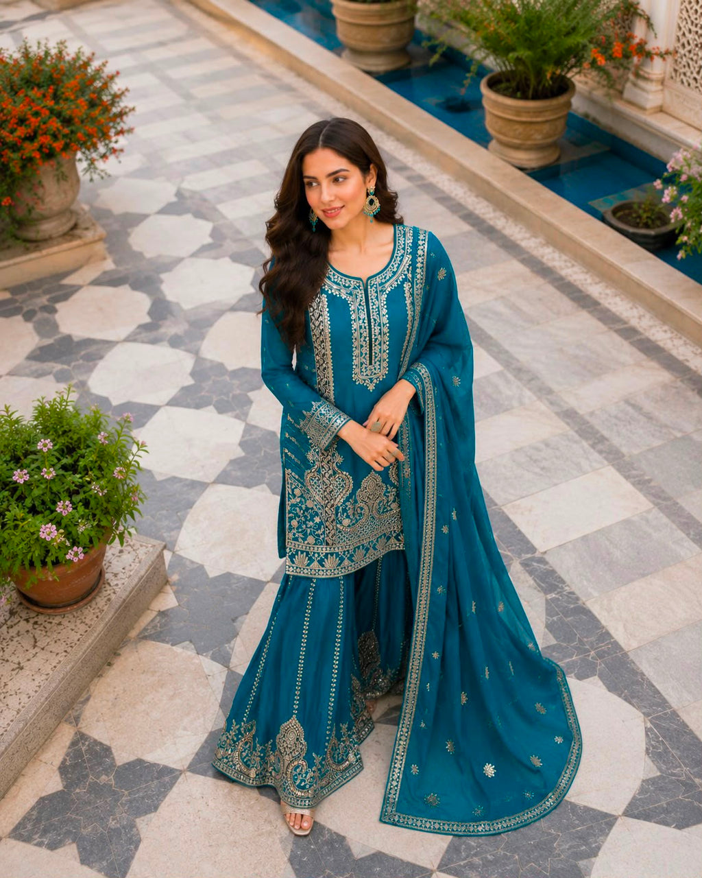 Designer Pure Chinon Silk Embroidered Kurti, Palazzo & Dupatta Suit Set
