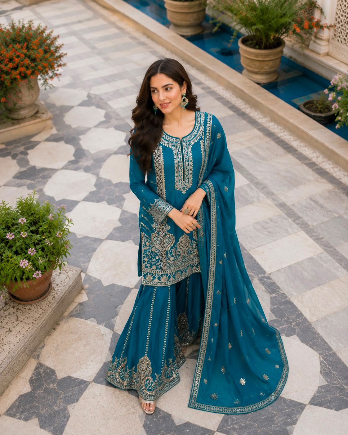 Designer Pure Chinon Silk Embroidered Kurti, Palazzo & Dupatta Suit Set