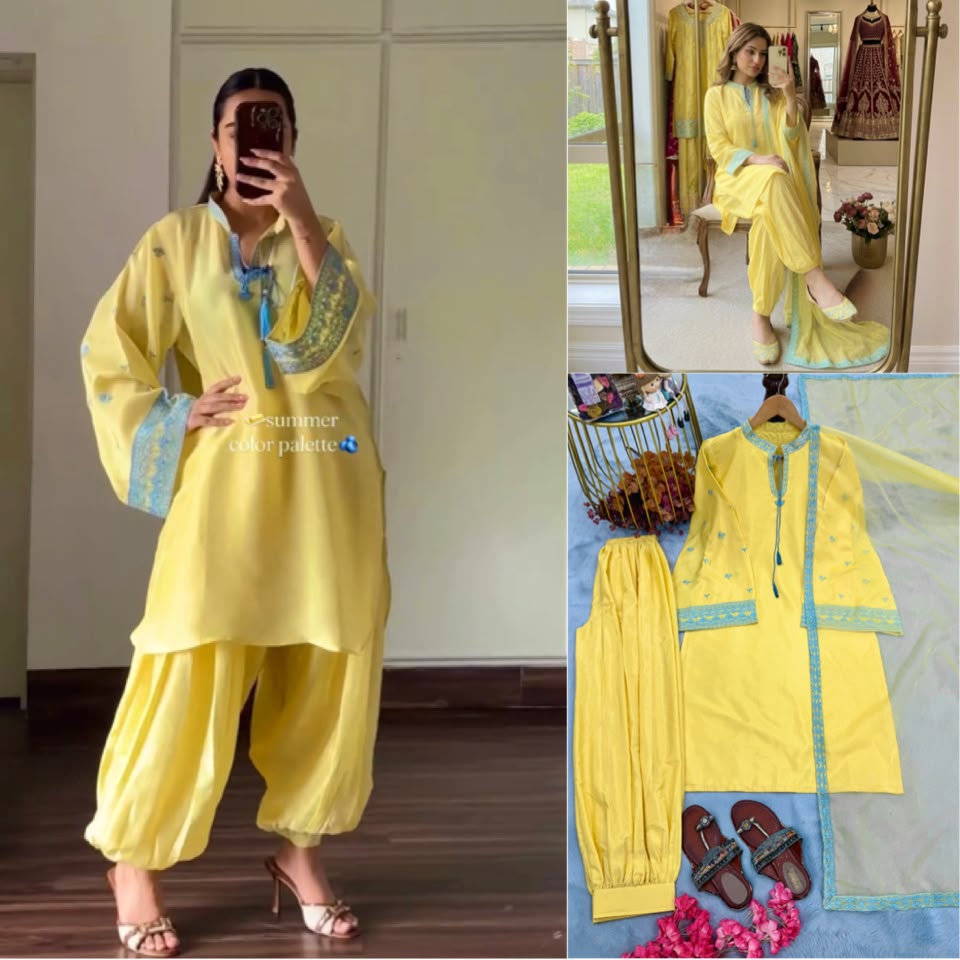 Designer Pure Crepe Silk Kurti Set with Balloon Pants & Organza Dupatta