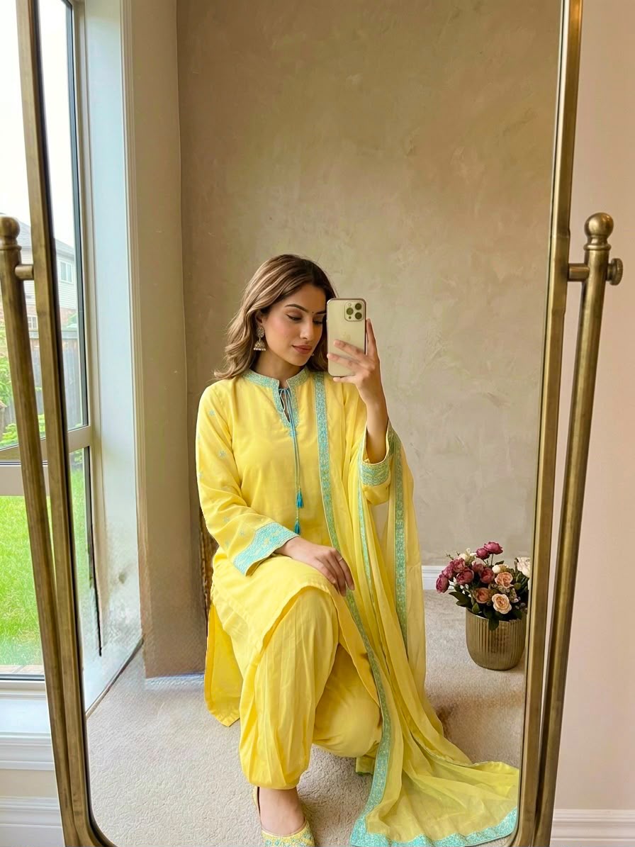 Designer Pure Crepe Silk Kurti Set with Balloon Pants & Organza Dupatta
