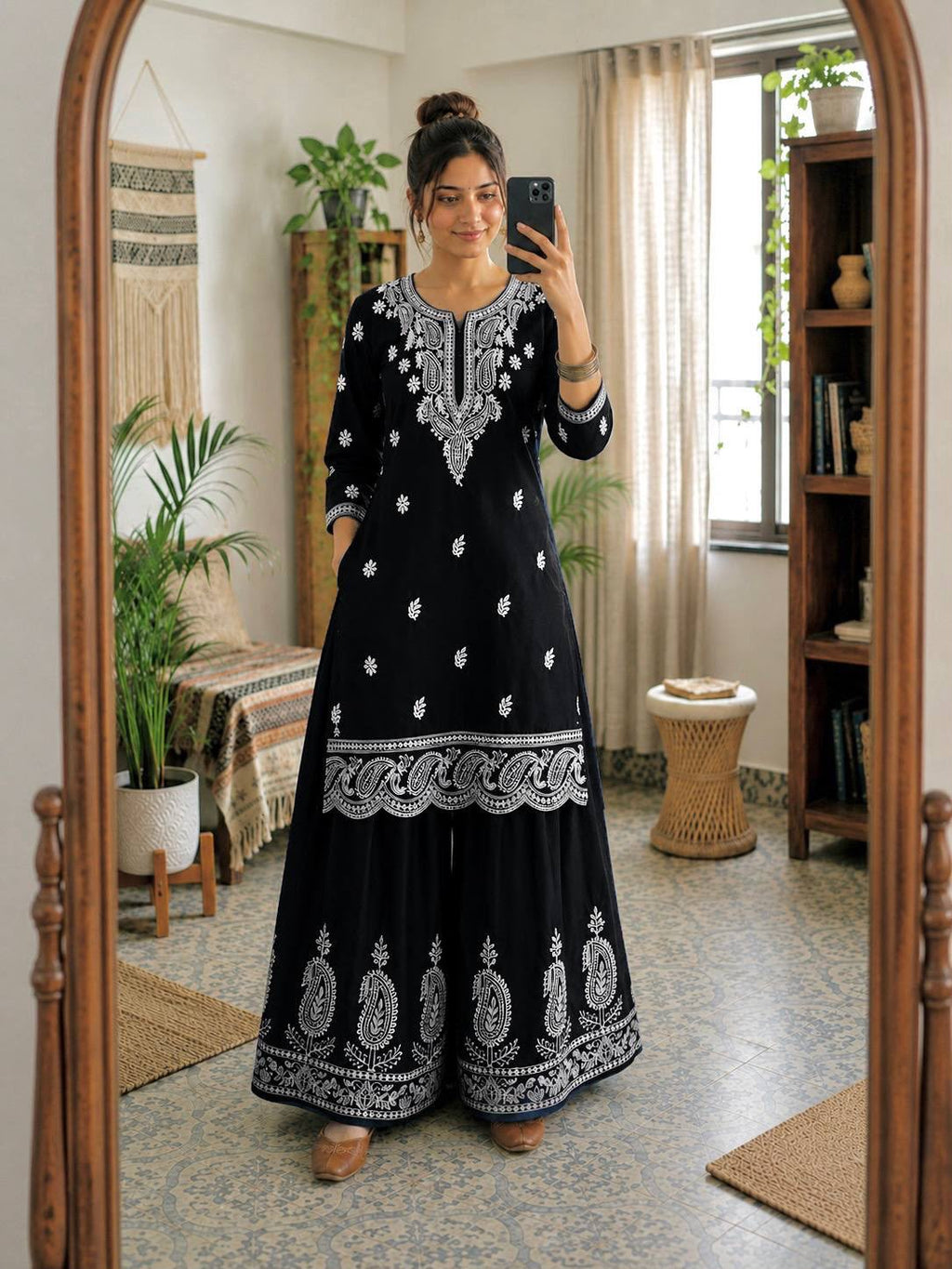 French Crepe Silk Lakhnavi Thread Embroidered Farshi Co-Ord Set