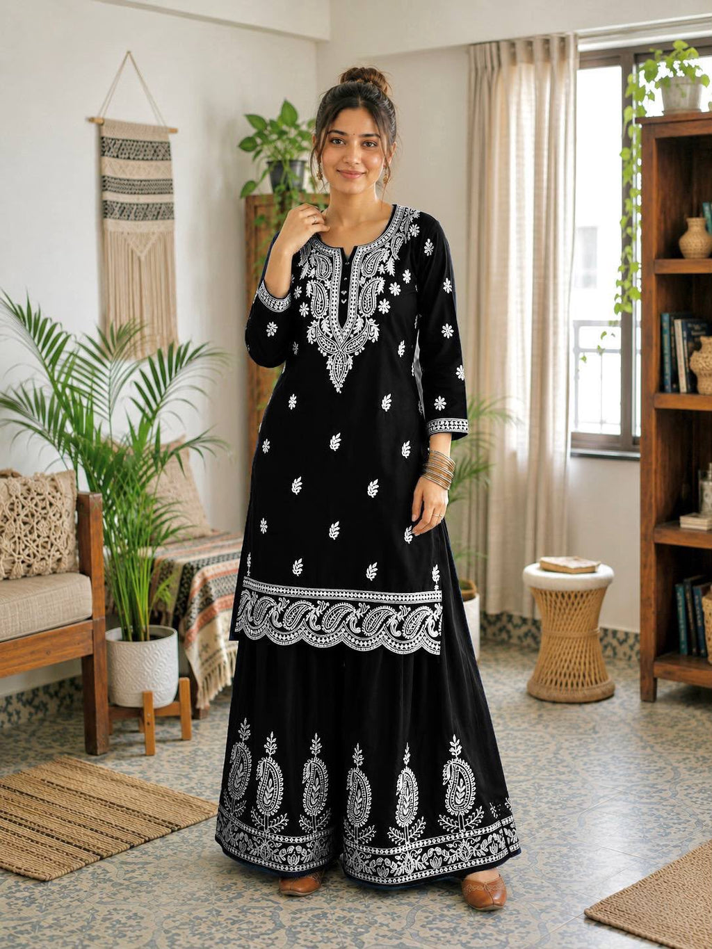 French Crepe Silk Lakhnavi Thread Embroidered Farshi Co-Ord Set