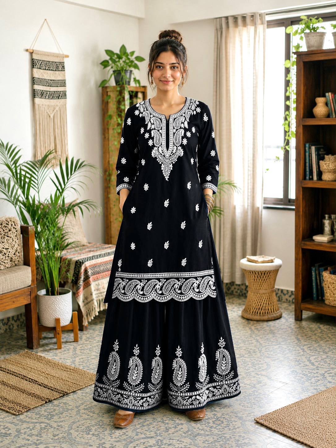 French Crepe Silk Lakhnavi Thread Embroidered Farshi Co-Ord Set