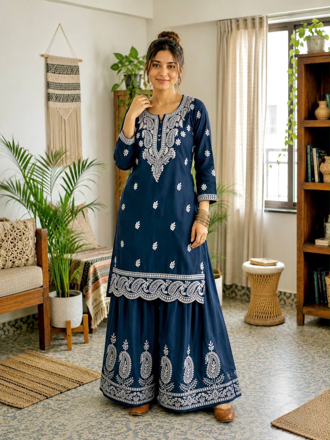 French Crepe Silk Lakhnavi Thread Embroidered Farshi Co-Ord Set