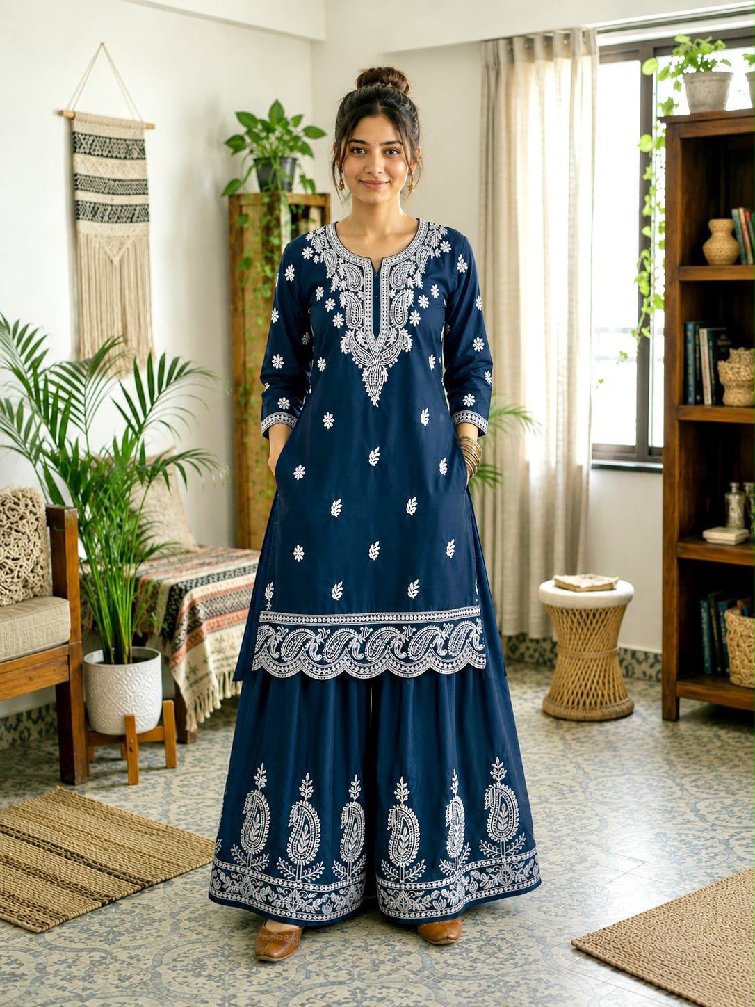French Crepe Silk Lakhnavi Thread Embroidered Farshi Co-Ord Set