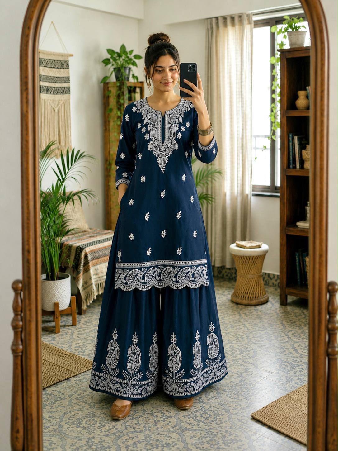 French Crepe Silk Lakhnavi Thread Embroidered Farshi Co-Ord Set