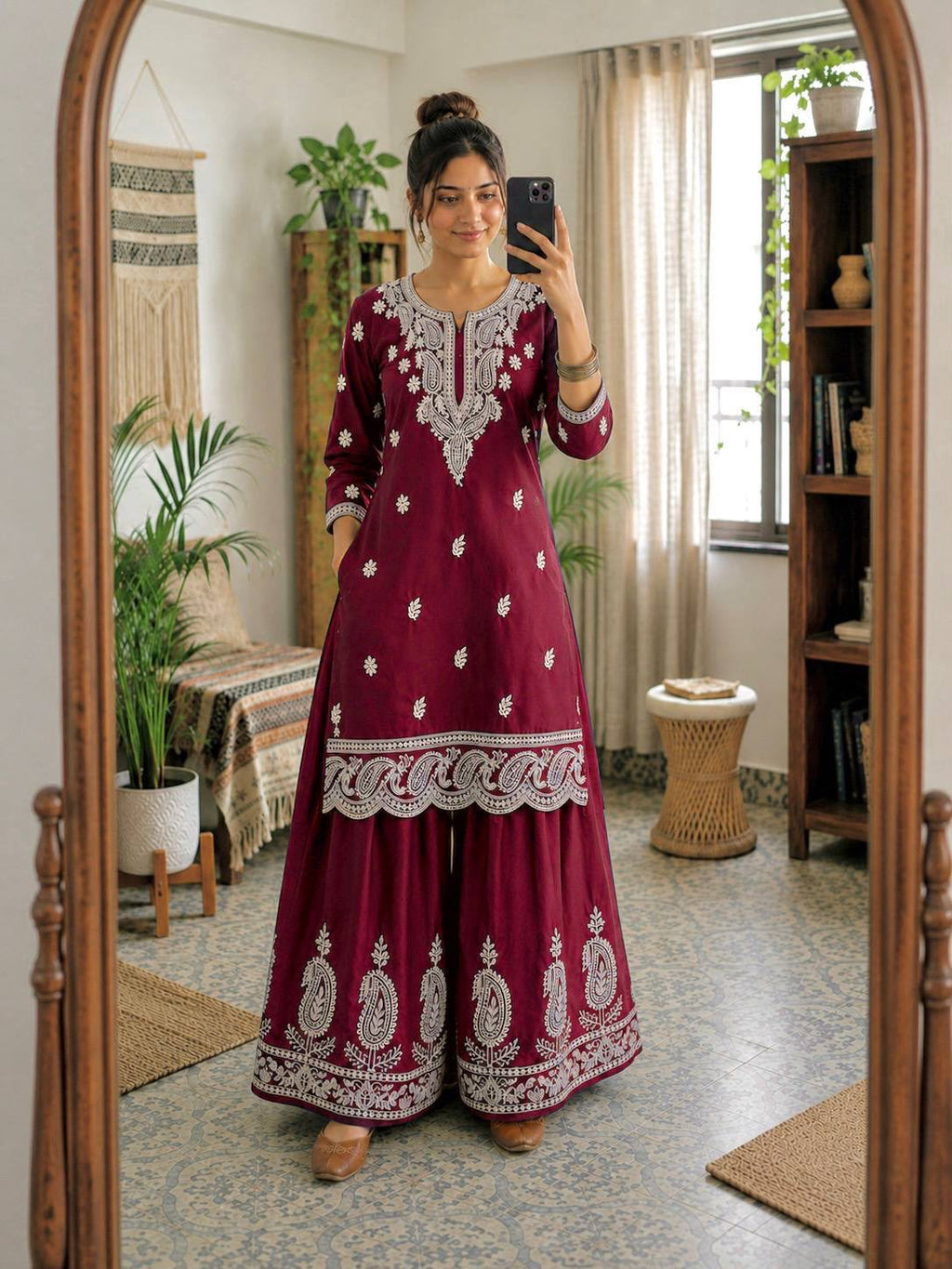 French Crepe Silk Lakhnavi Thread Embroidered Farshi Co-Ord Set