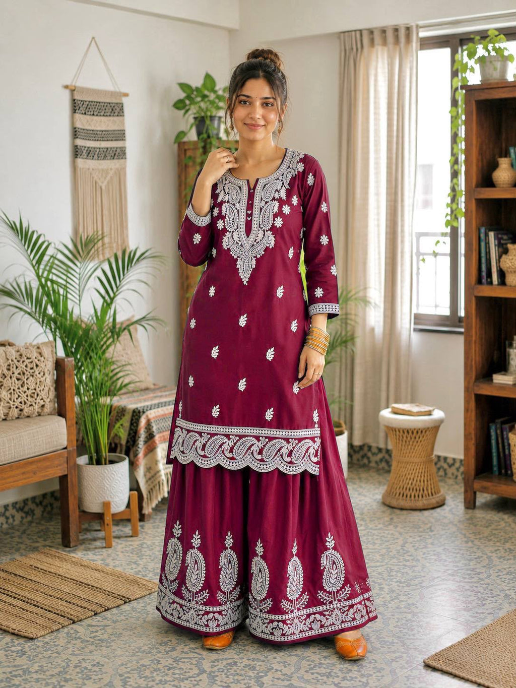 French Crepe Silk Lakhnavi Thread Embroidered Farshi Co-Ord Set