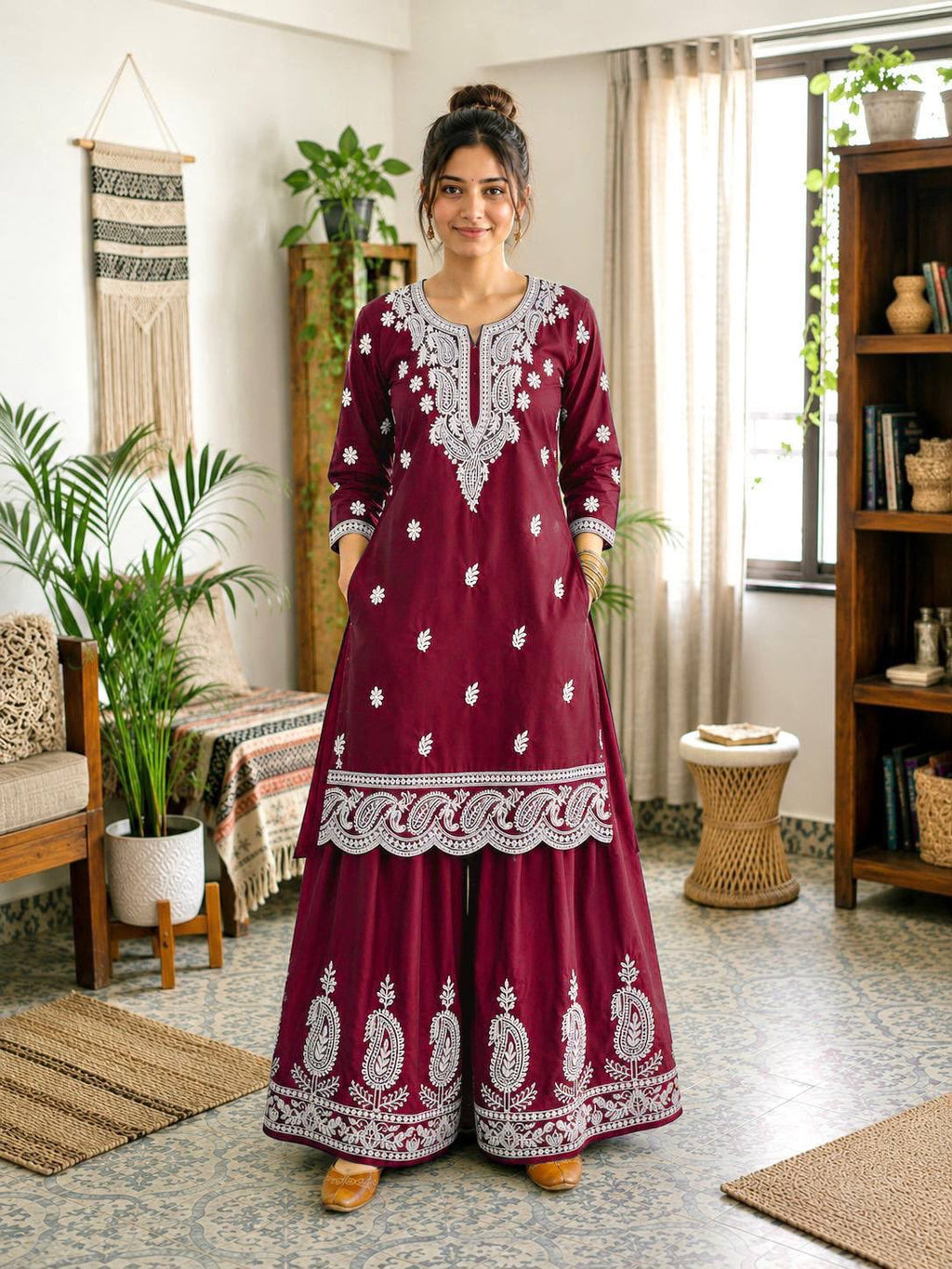 French Crepe Silk Lakhnavi Thread Embroidered Farshi Co-Ord Set