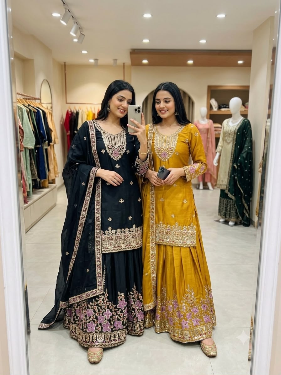 Pure Chinon Silk Embroidered Top & Sharara Set with Dupatta