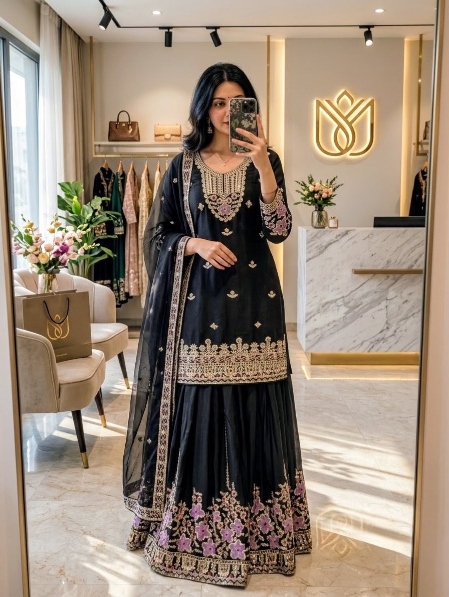 Pure Chinon Silk Embroidered Top & Sharara Set with Dupatta