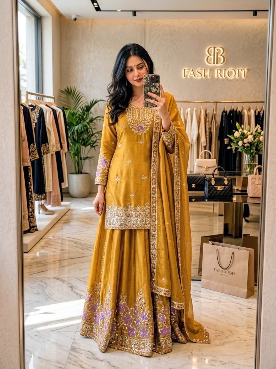 Pure Chinon Silk Embroidered Top & Sharara Set with Dupatta