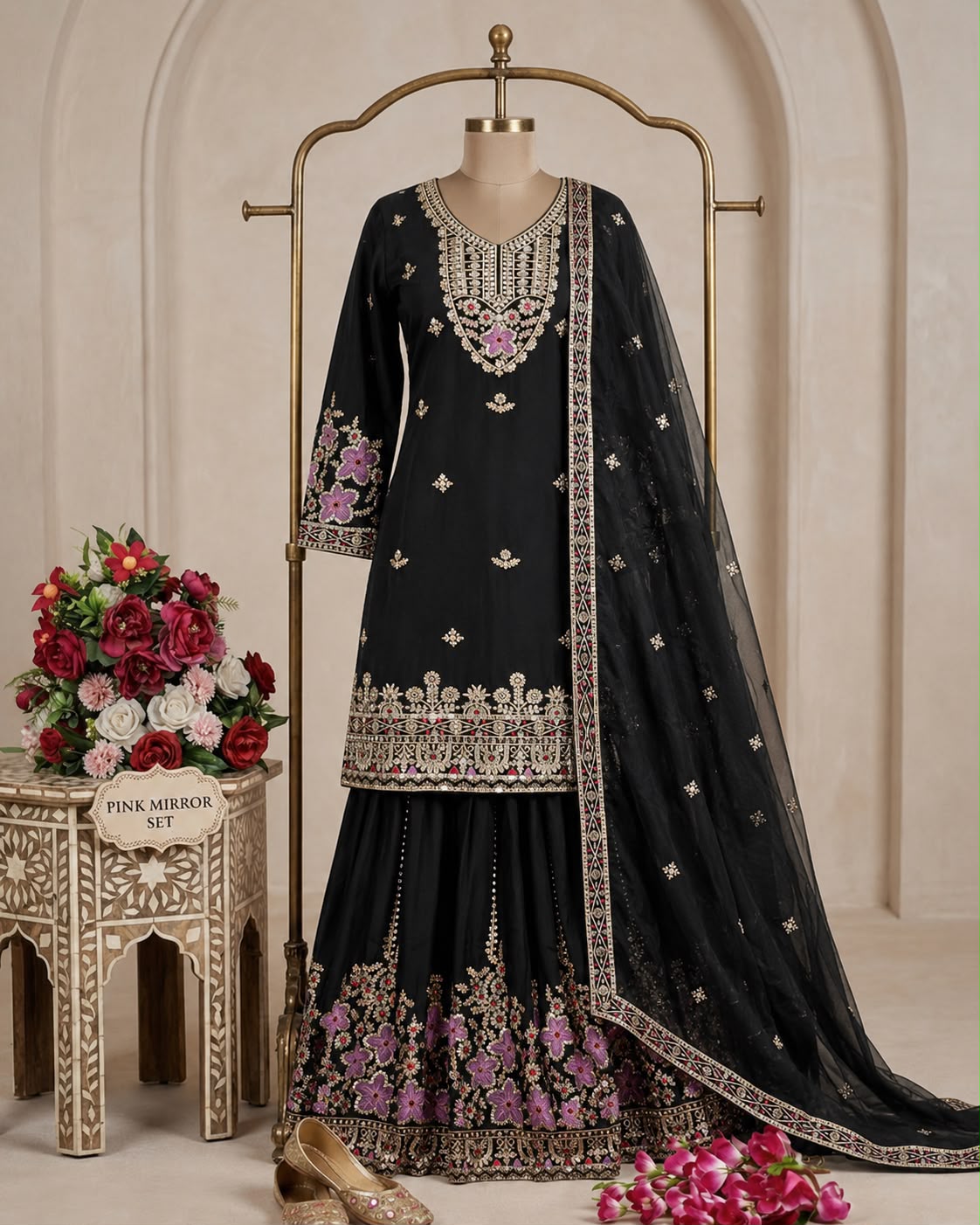 Pure Chinon Silk Embroidered Top & Sharara Set with Dupatta