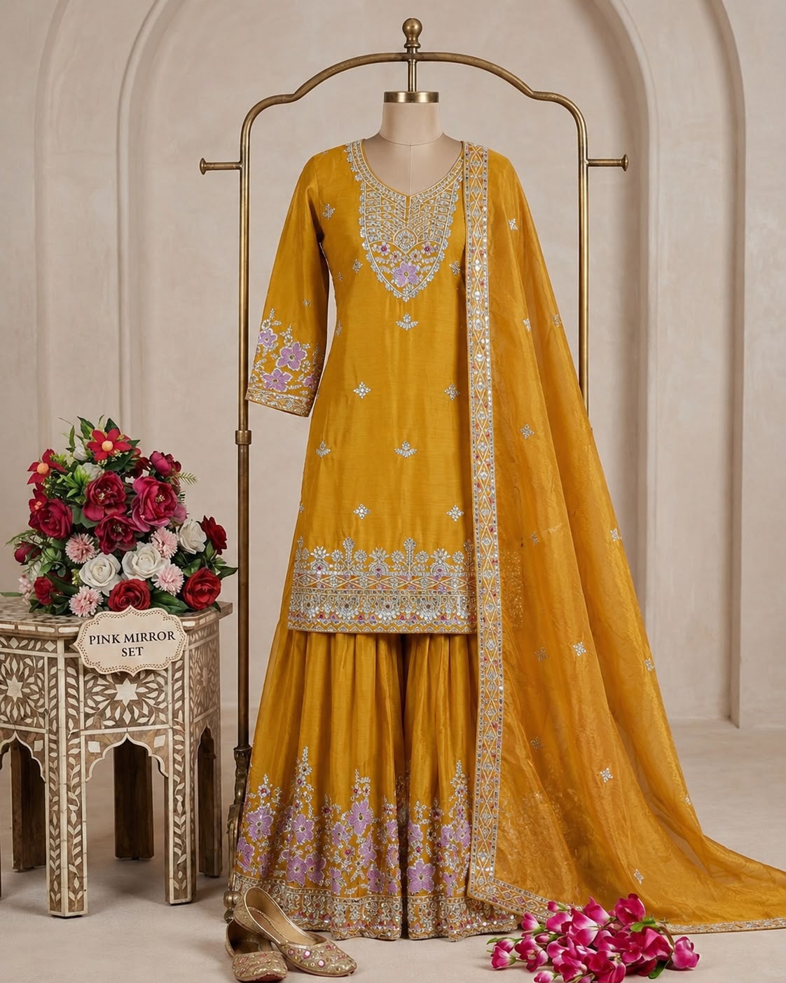 Pure Chinon Silk Embroidered Top & Sharara Set with Dupatta