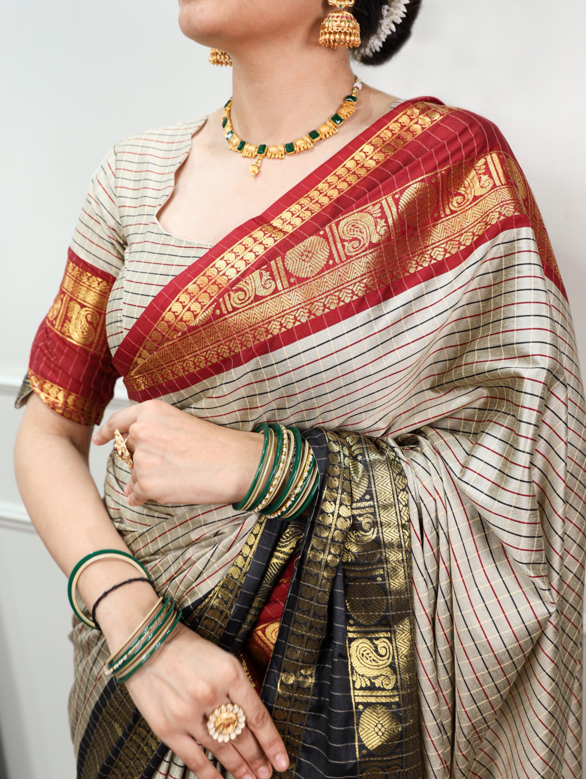Silk Saree with Checks Pattern & Ornate Zari Border