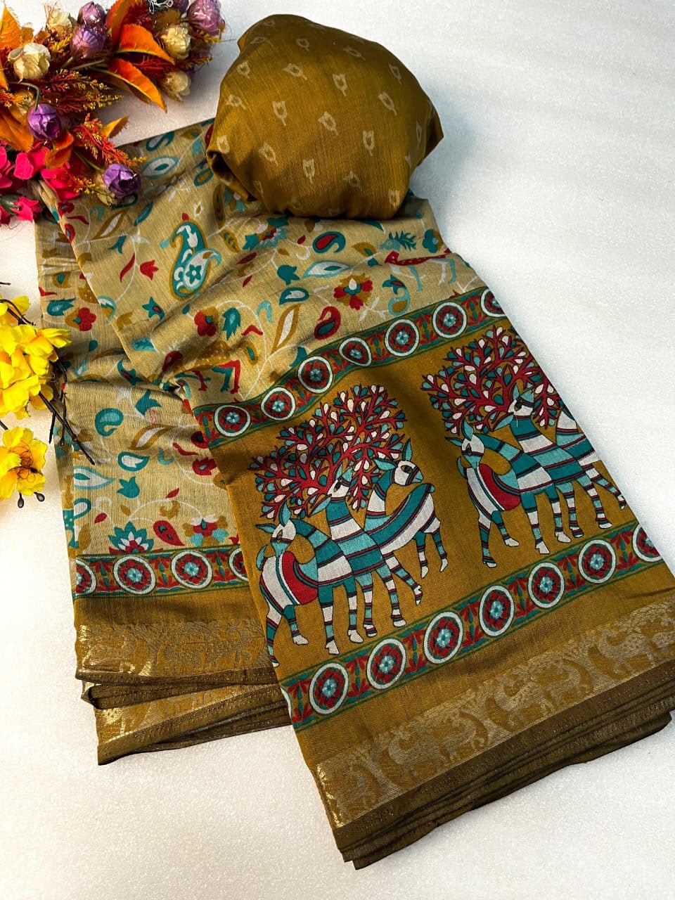 Mangalagiri Silk Saree with Viscose Weaving Border & Bandhani Print