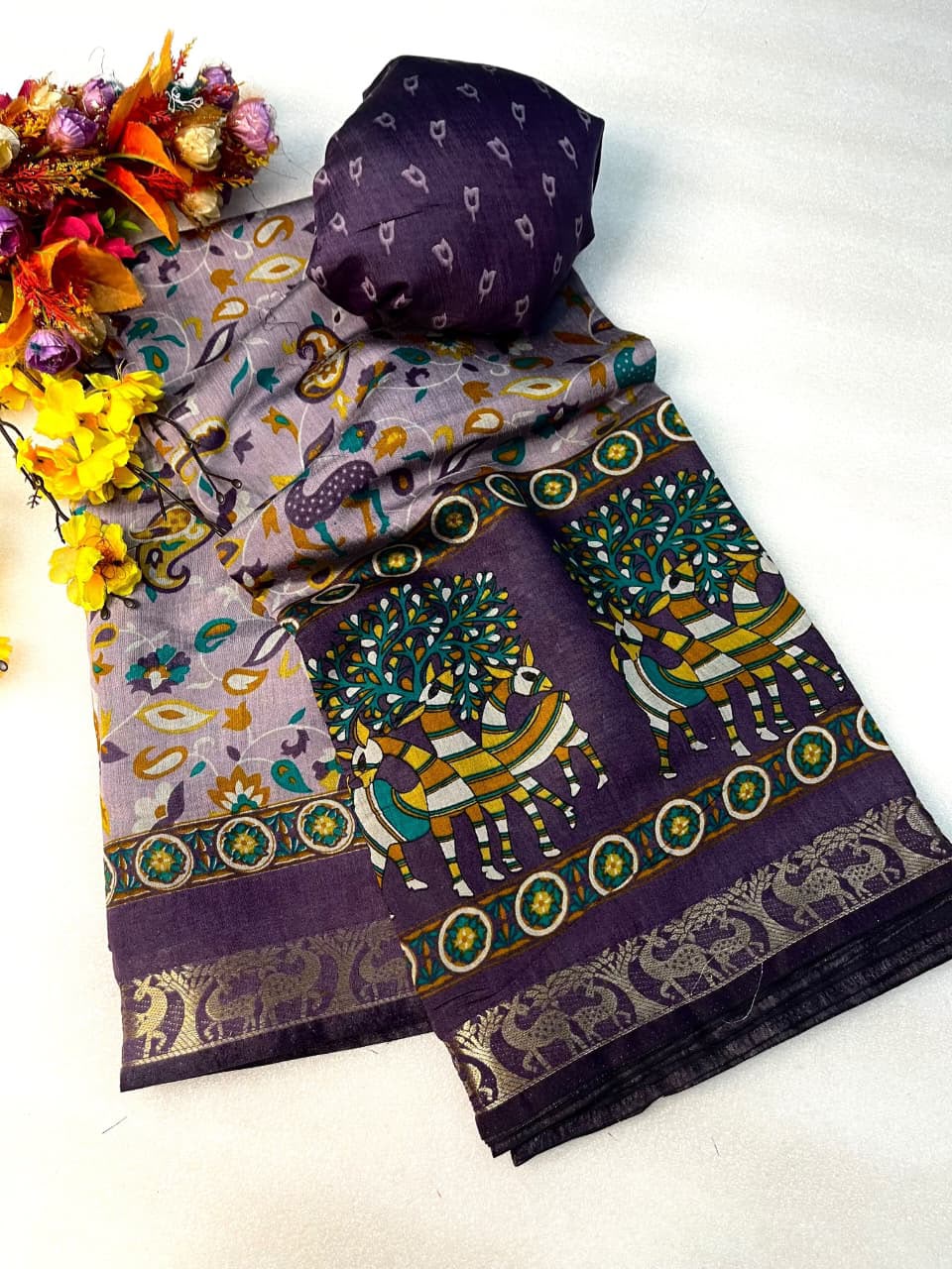 Mangalagiri Silk Saree with Viscose Weaving Border & Bandhani Print