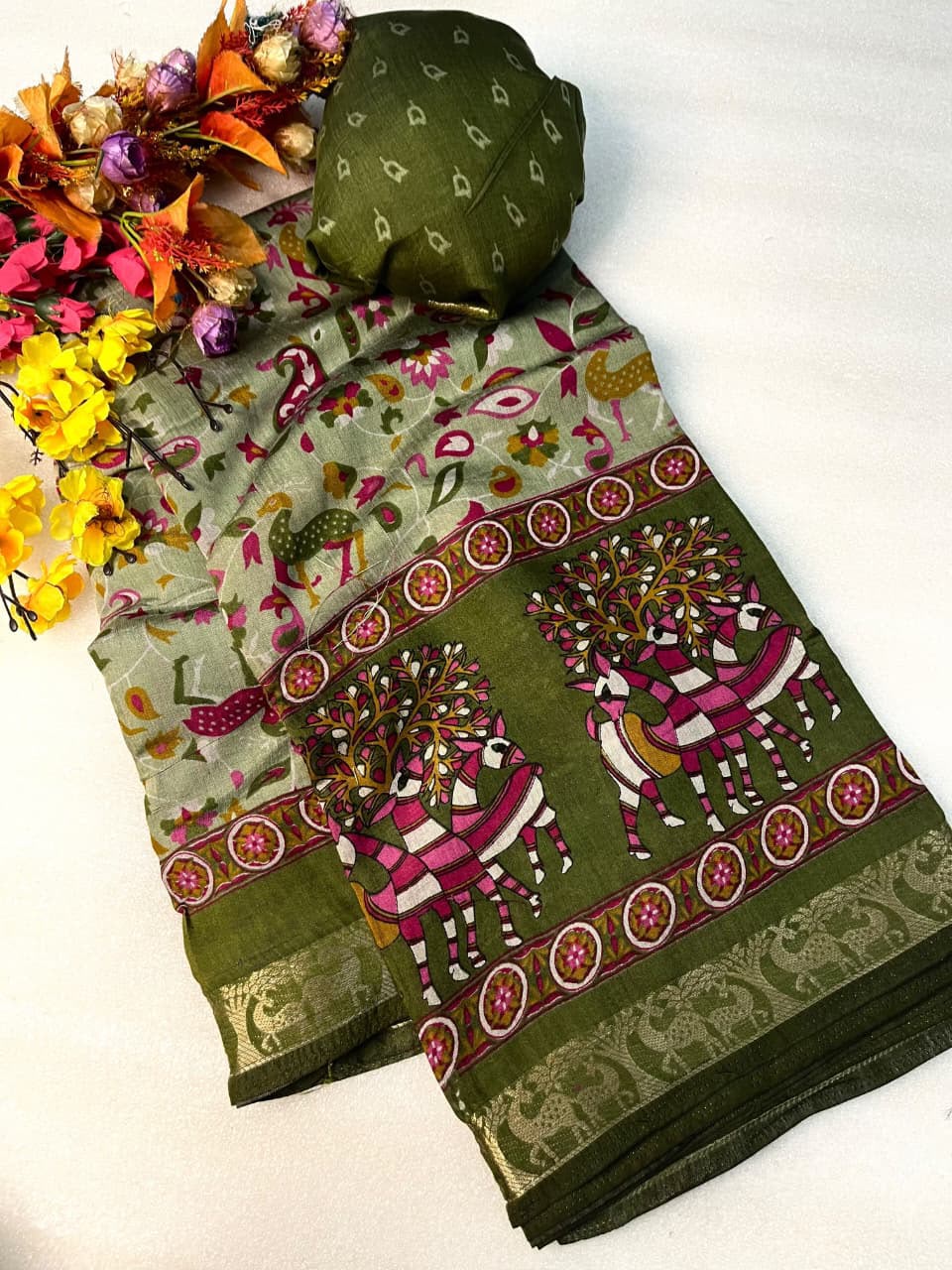 Mangalagiri Silk Saree with Viscose Weaving Border & Bandhani Print